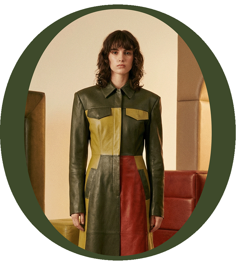 Olive-toned leather jacket and skirt — fashion application of Oleatex