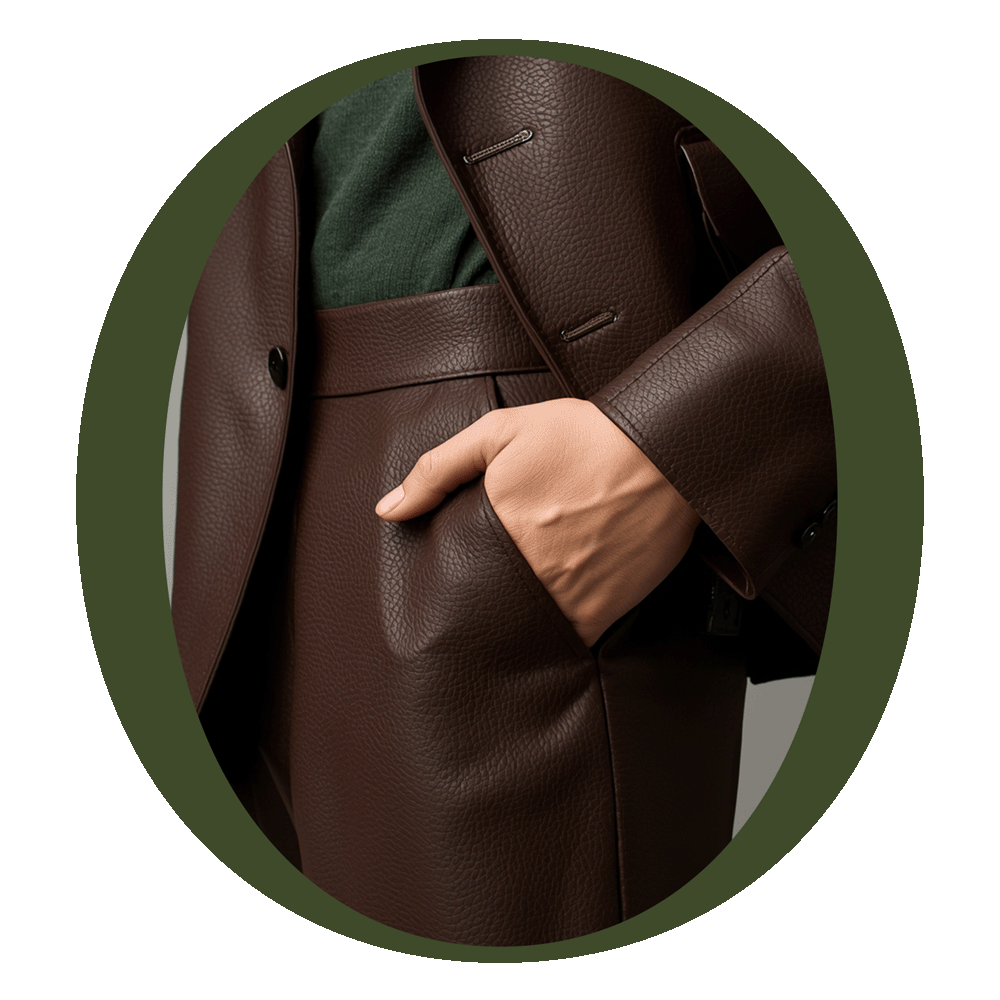 Hand resting in the pocket of a tailored brown leather coat showing leather texture and tailoring detail