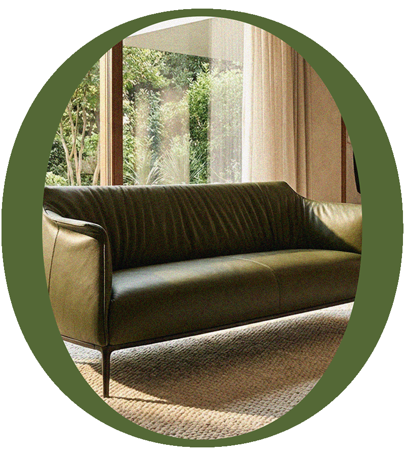 Olive-green leather sofa in a sunlit living room — Oleatex furniture application