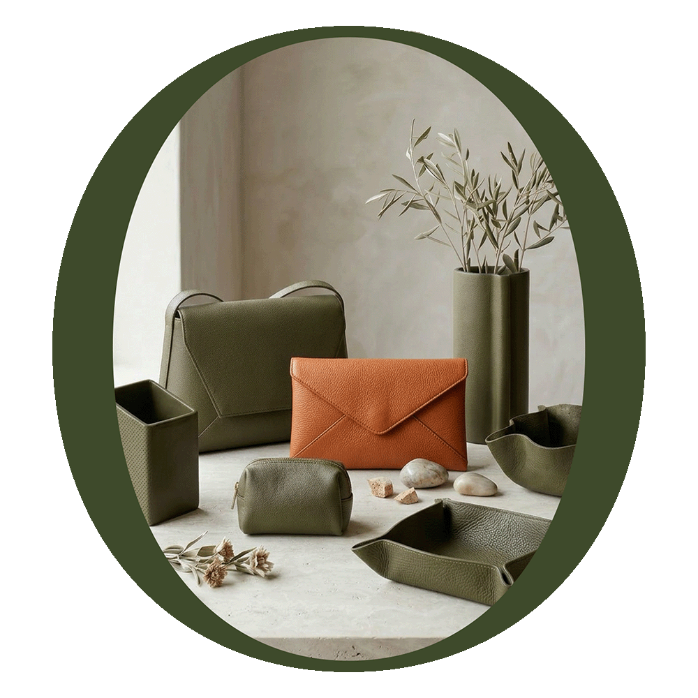 Olive-green leather handbag, orange envelope clutch, small zip pouch, cylindrical vase with olive sprig, and catch-all tray arranged on a cream surface